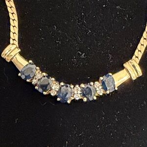 Solid 14k Gold Necklace with Natural Sapphire and round Diamonds . 17”